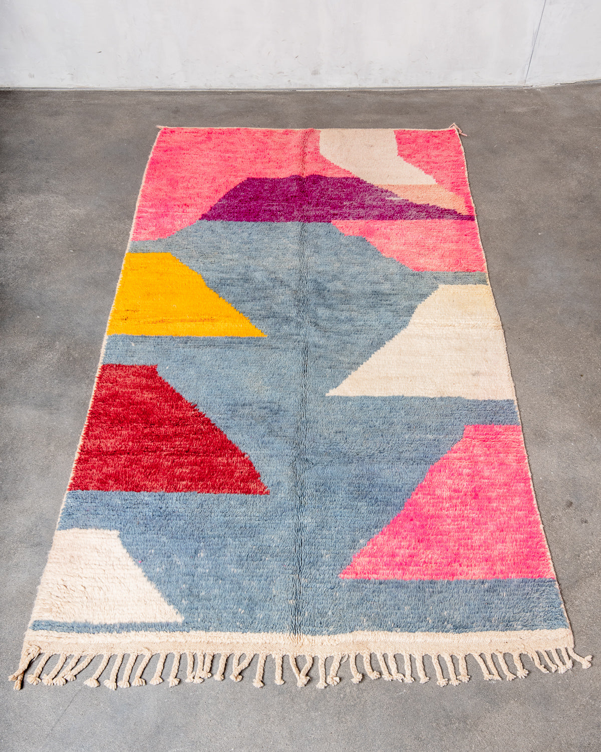 Modern, designer, handcrafted Berber rug from Morocco. Vintage carpet with beautiful colours and patterns and fluffy texture.